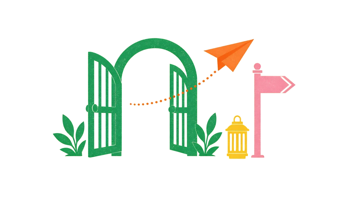 Ilustración: una verja de jardín abierta, un avión de papel que entra por ella, un poste indicador y un farol encendido