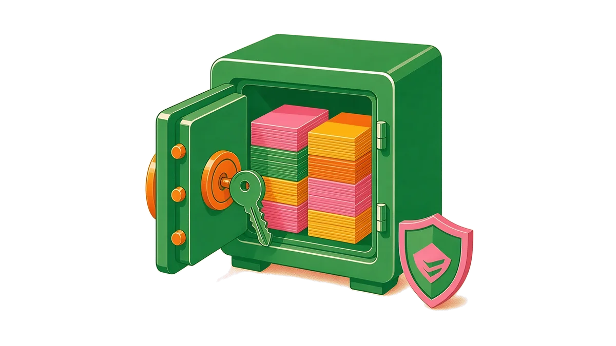 Illustration: an open safe holding data cards, a key in the lock and a protective shield