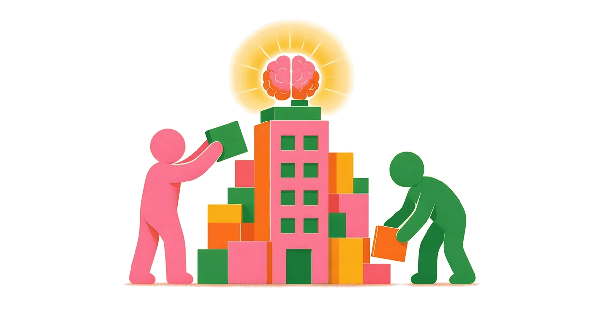 Illustration: two people build a building out of blocks topped by a glowing brain