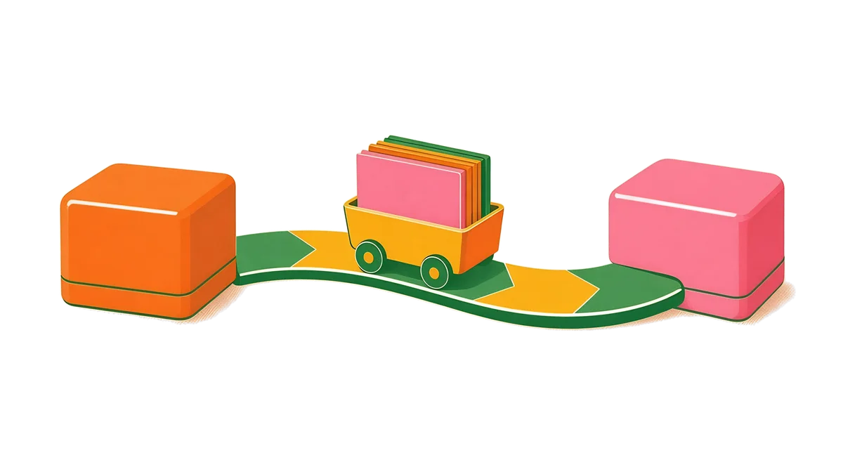 Ilustración: una vagoneta lleva fichas de datos por un camino de un bloque naranja a uno rosa