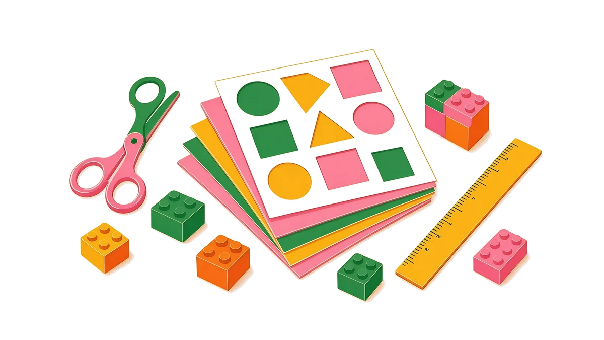Ilustración: plantillas de papel con formas recortadas, unas tijeras, una regla y piezas de construcción
