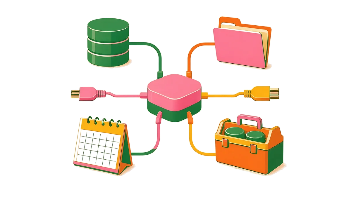 Illustration: a central connector links a database, a folder, a calendar and a toolbox with colourful cables