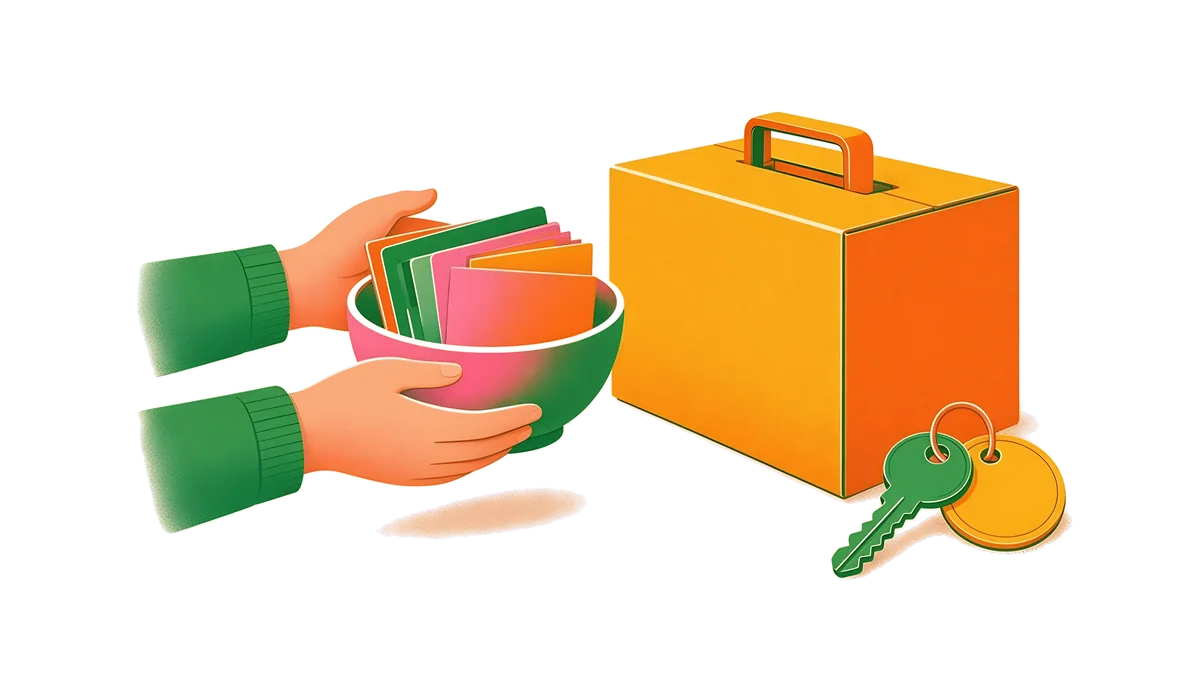 Ilustración: unas manos sostienen un cuenco con fichas de datos junto a una caja cerrada y su llave