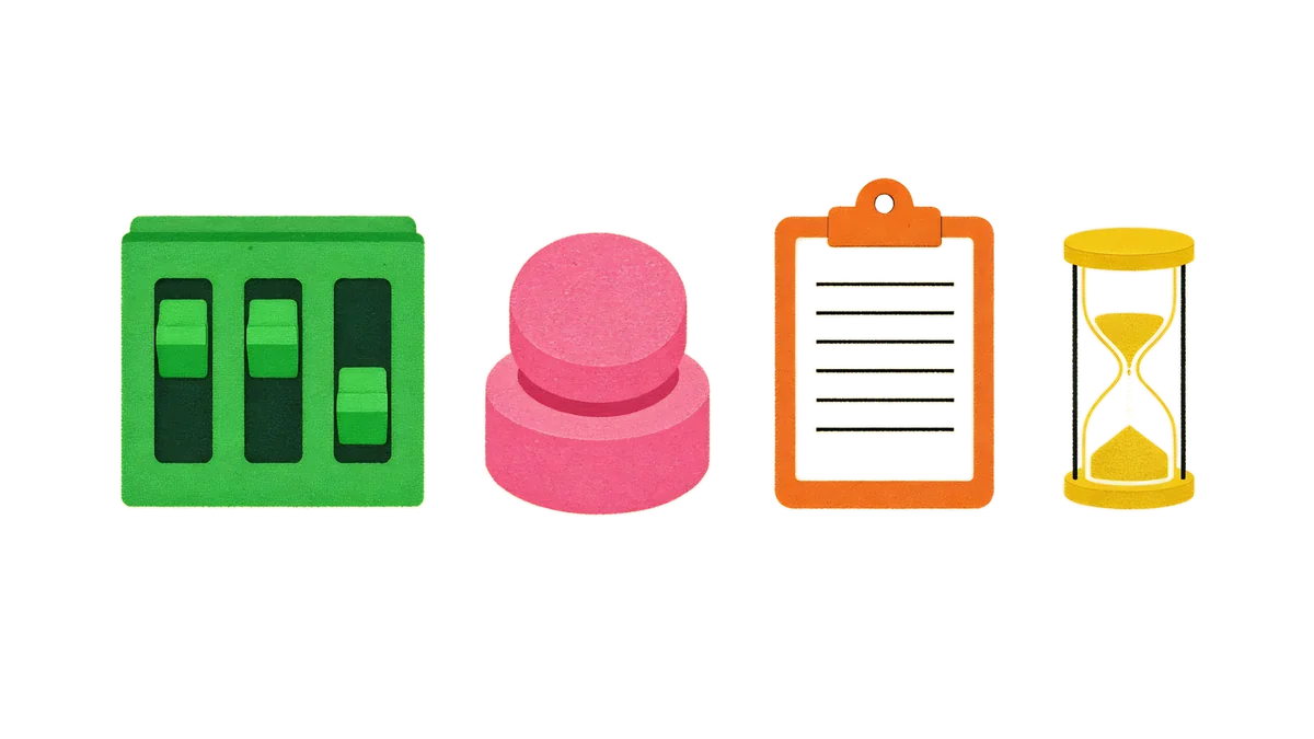 Ilustración: un panel de control verde con tres interruptores deslizantes, un gran botón rosa de parada, un portapapeles naranja y un reloj de arena amarillo