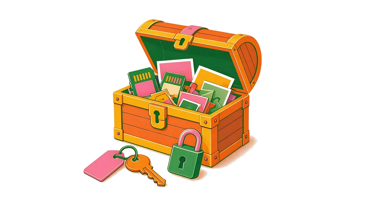 Illustration: an open chest full of cards and photos, with a key and a closed padlock in front