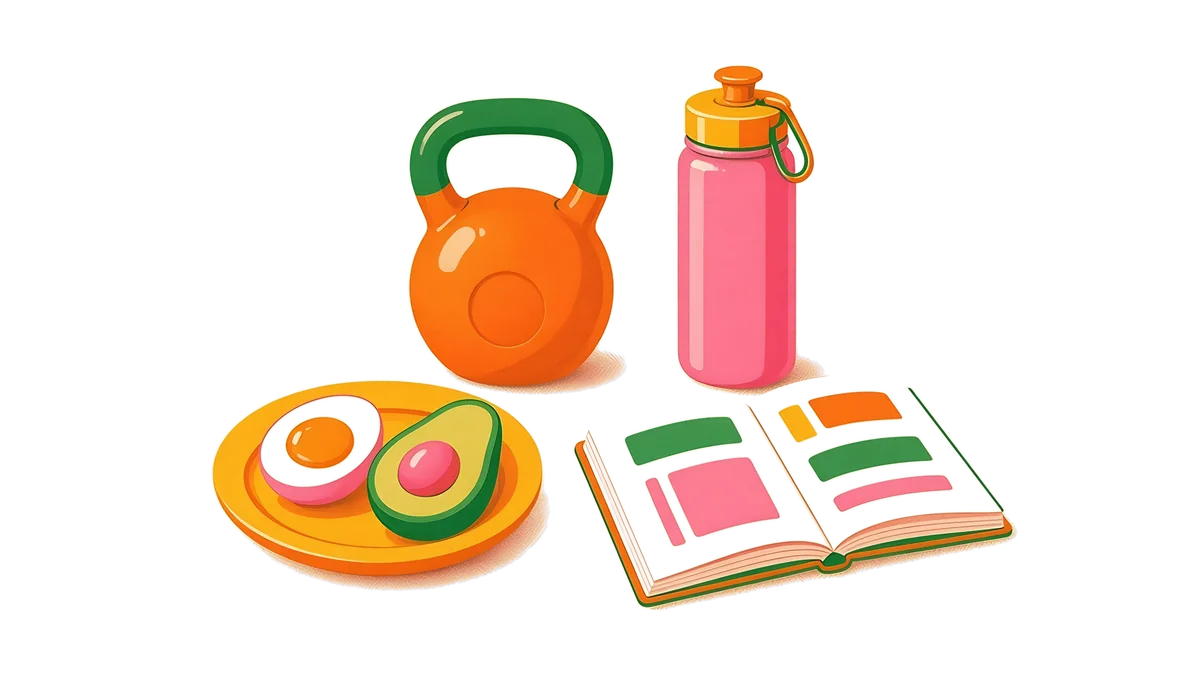 Illustration: a kettlebell, a water bottle, a plate with egg and avocado and an open log book